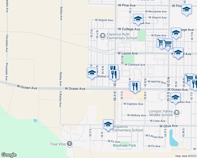 map of restaurants, bars, coffee shops, grocery stores, and more near 201 North Y Street in Lompoc