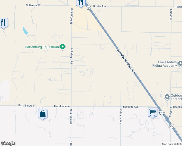 map of restaurants, bars, coffee shops, grocery stores, and more near 2000 North Refugio Road in Santa Ynez