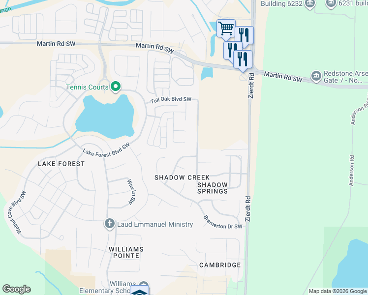 map of restaurants, bars, coffee shops, grocery stores, and more near 3 Tall Oak Boulevard Southwest in Huntsville