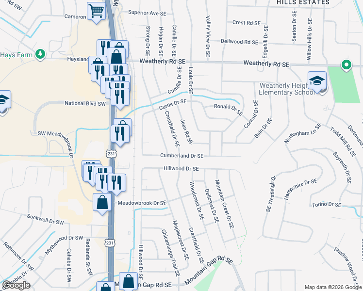 map of restaurants, bars, coffee shops, grocery stores, and more near 11020 Jean Road Southeast in Huntsville