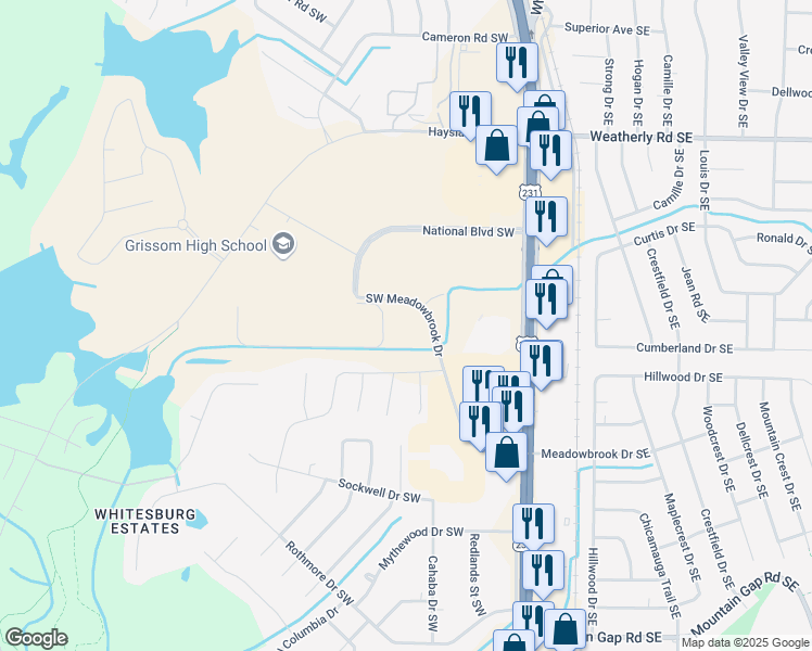 map of restaurants, bars, coffee shops, grocery stores, and more near 2301 Southwest Meadowbrook Drive in Huntsville