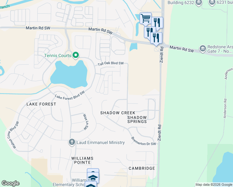 map of restaurants, bars, coffee shops, grocery stores, and more near 3 Tall Oak Boulevard Southwest in Huntsville