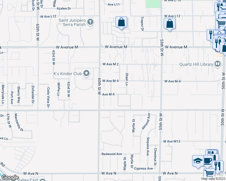 map of restaurants, bars, coffee shops, grocery stores, and more near 41712 Crispi Lane in Quartz Hill