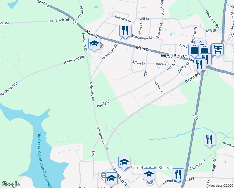 map of restaurants, bars, coffee shops, grocery stores, and more near 48 Dendy Street in Pelzer