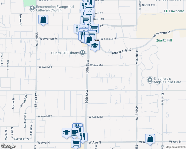 map of restaurants, bars, coffee shops, grocery stores, and more near 4835 Avenue M-6 in Quartz Hill