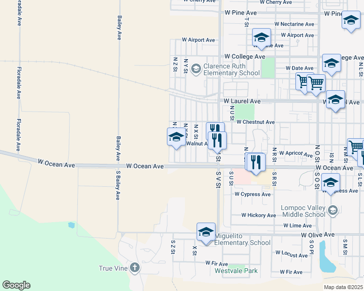 map of restaurants, bars, coffee shops, grocery stores, and more near 125 North Y Street in Lompoc