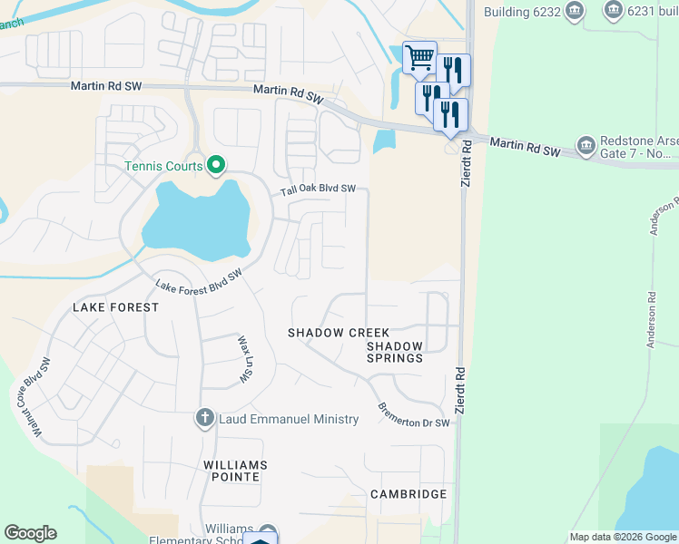map of restaurants, bars, coffee shops, grocery stores, and more near 3 Tall Oak Boulevard Southwest in Huntsville