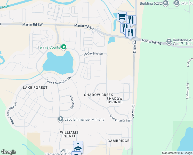 map of restaurants, bars, coffee shops, grocery stores, and more near 3 Tall Oak Boulevard Southwest in Huntsville
