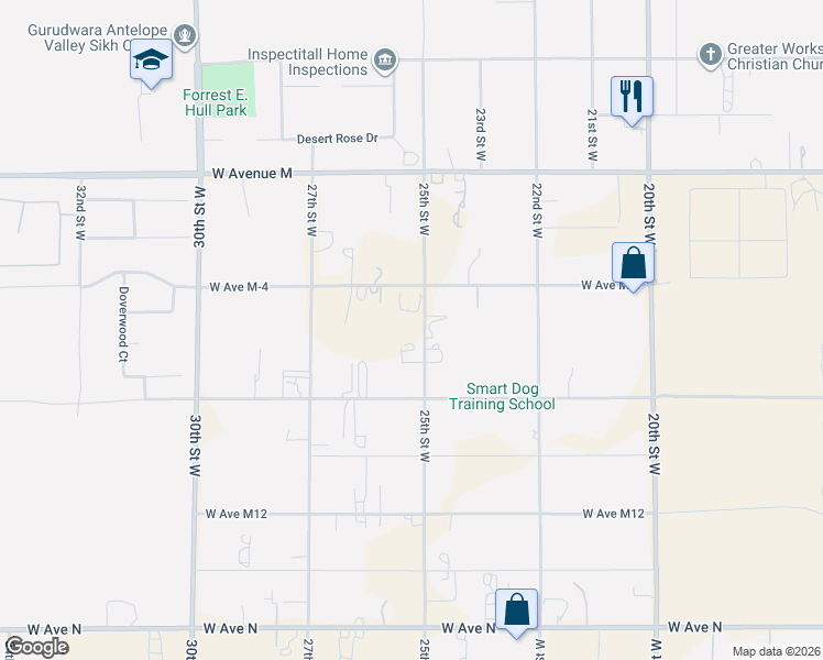 map of restaurants, bars, coffee shops, grocery stores, and more near 41705 25th Street West in Palmdale