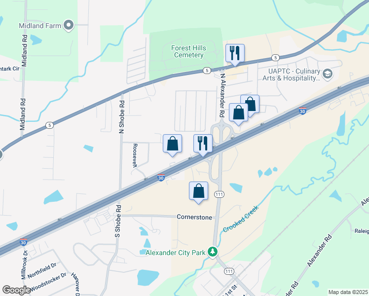 map of restaurants, bars, coffee shops, grocery stores, and more near 26108 Interstate 30 in Alexander