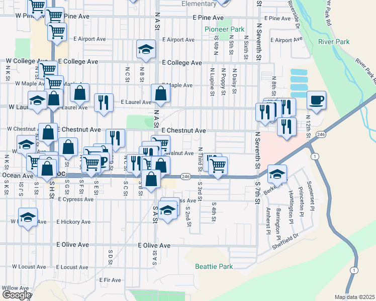 map of restaurants, bars, coffee shops, grocery stores, and more near 205 North Third Street in Lompoc