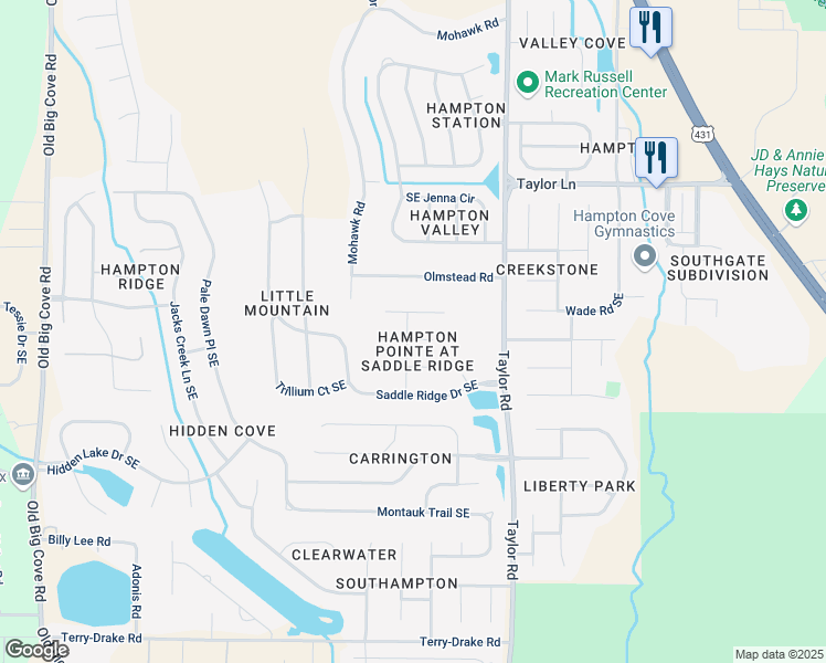 map of restaurants, bars, coffee shops, grocery stores, and more near 7003 Cobble Hill Drive Southeast in Owens Cross Roads