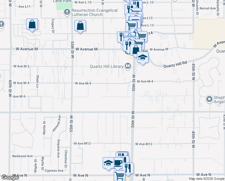 map of restaurants, bars, coffee shops, grocery stores, and more near Avenue M-4 in Los Angeles County