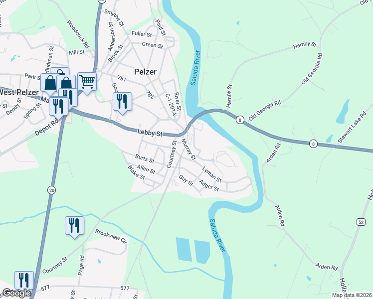 map of restaurants, bars, coffee shops, grocery stores, and more near 108 Murray Street in Pelzer