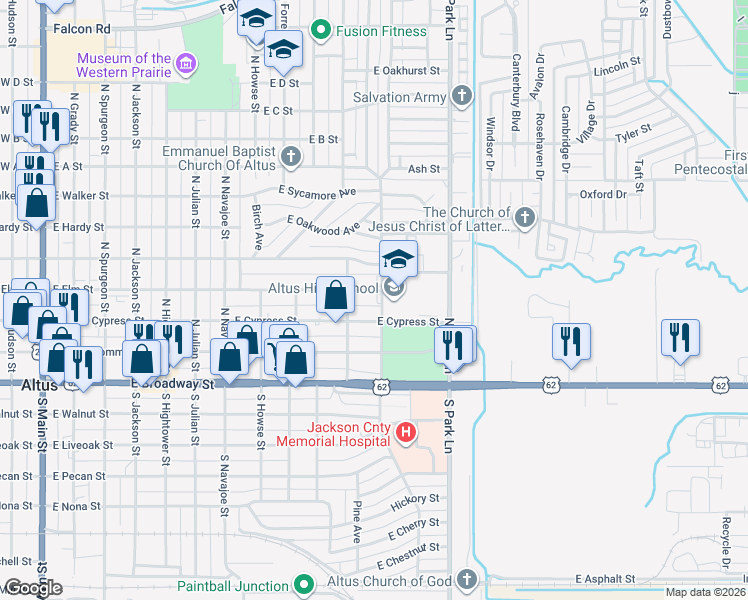 map of restaurants, bars, coffee shops, grocery stores, and more near 1024 East Elm Street in Altus