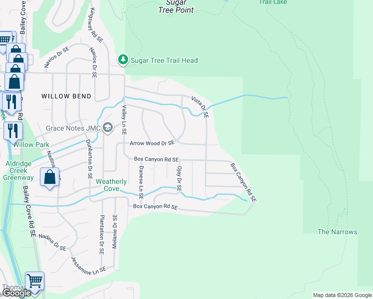 map of restaurants, bars, coffee shops, grocery stores, and more near 2602 Ridgeview Circle Southeast in Huntsville