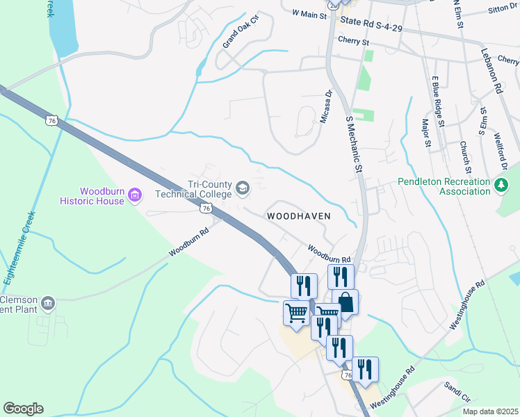 map of restaurants, bars, coffee shops, grocery stores, and more near 134 Shannon Drive in Pendleton