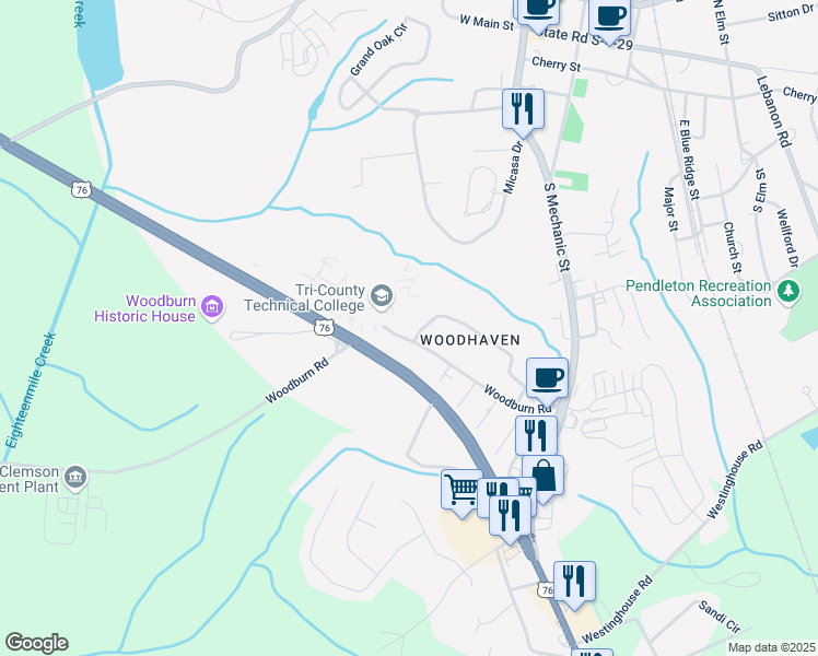 map of restaurants, bars, coffee shops, grocery stores, and more near 134 Shannon Drive in Pendleton