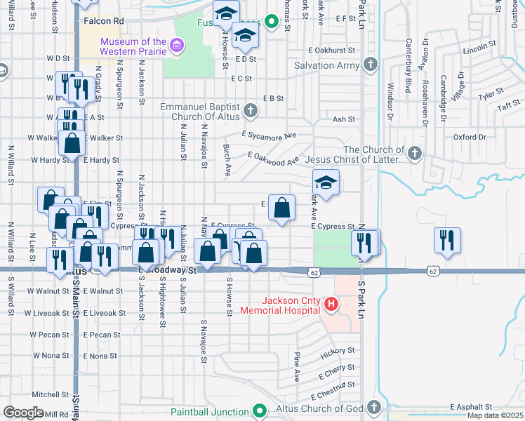 map of restaurants, bars, coffee shops, grocery stores, and more near 906 E Elm St in Altus
