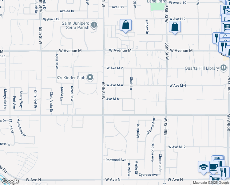 map of restaurants, bars, coffee shops, grocery stores, and more near 41602 Crispi Lane in Quartz Hill