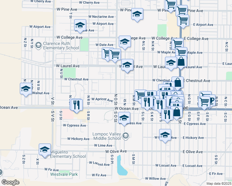 map of restaurants, bars, coffee shops, grocery stores, and more near 200 North O Street in Lompoc