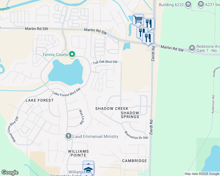 map of restaurants, bars, coffee shops, grocery stores, and more near 3 Tall Oak Boulevard Southwest in Huntsville