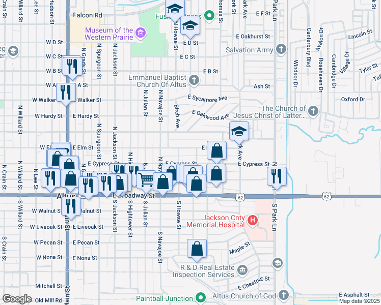map of restaurants, bars, coffee shops, grocery stores, and more near 808 East Elm Street in Altus