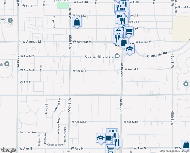 map of restaurants, bars, coffee shops, grocery stores, and more near 5208 West Avenue M-4 in Lancaster