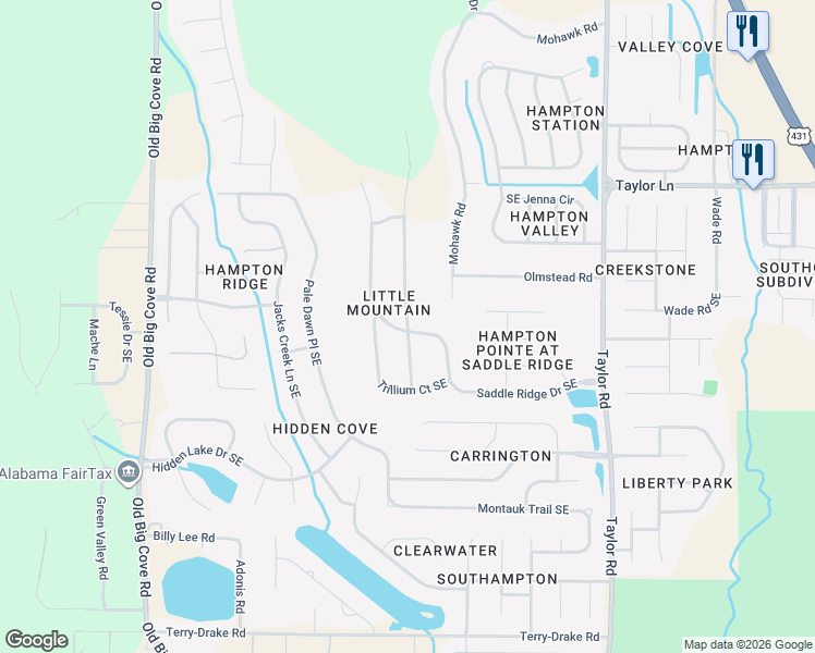 map of restaurants, bars, coffee shops, grocery stores, and more near 4701 Saddle Ridge Drive Southeast in Owens Cross Roads