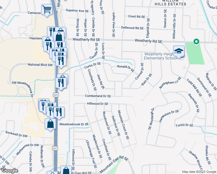 map of restaurants, bars, coffee shops, grocery stores, and more near 11025 Jean Road Southeast in Huntsville