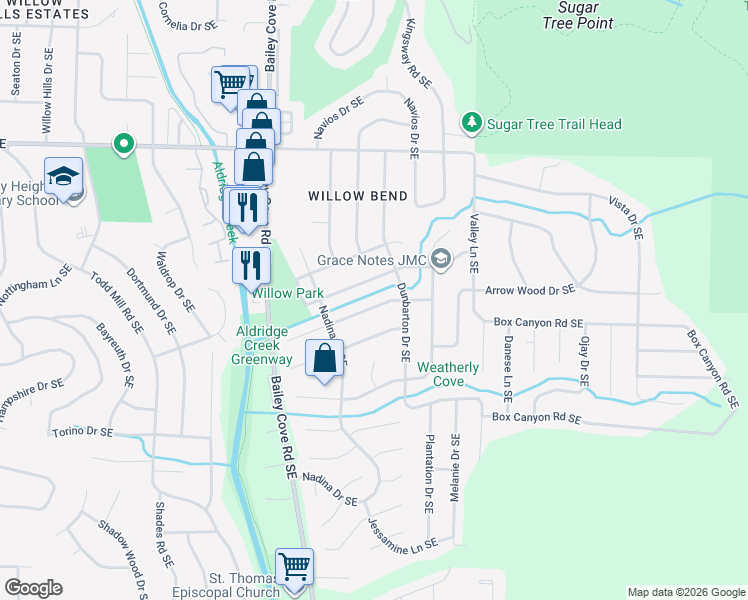 map of restaurants, bars, coffee shops, grocery stores, and more near 2015 Wrenwood Drive Southeast in Huntsville