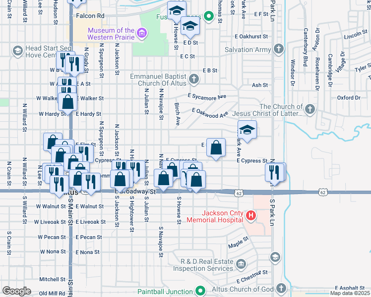 map of restaurants, bars, coffee shops, grocery stores, and more near 808 East Elm Street in Altus