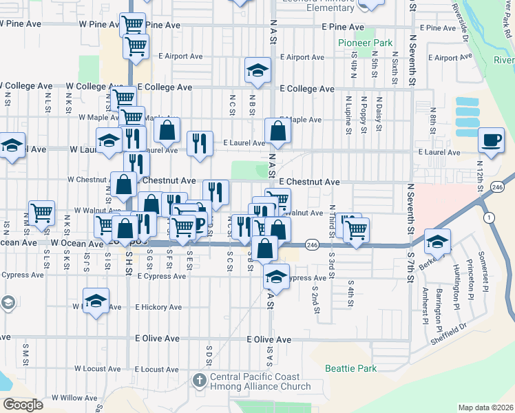 map of restaurants, bars, coffee shops, grocery stores, and more near 210 North B Street in Lompoc