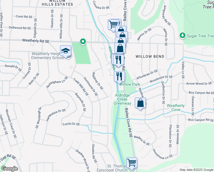 map of restaurants, bars, coffee shops, grocery stores, and more near 1313 Arolen Drive Southeast in Huntsville