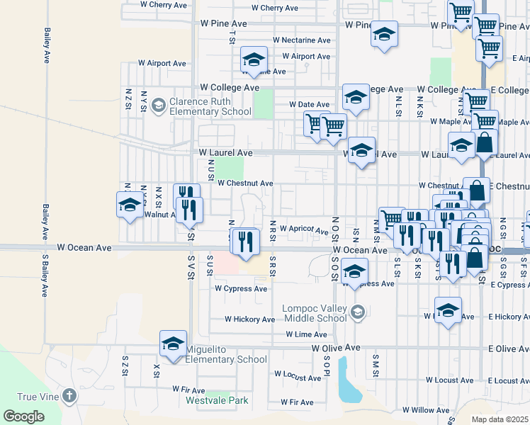 map of restaurants, bars, coffee shops, grocery stores, and more near 175 Village Circle Drive in Lompoc