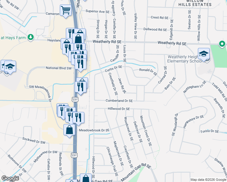map of restaurants, bars, coffee shops, grocery stores, and more near 11019 Strong Drive Southeast in Huntsville
