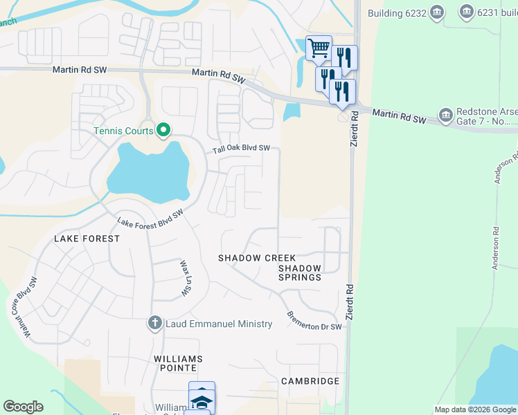 map of restaurants, bars, coffee shops, grocery stores, and more near 3 Tall Oak Boulevard Southwest in Huntsville