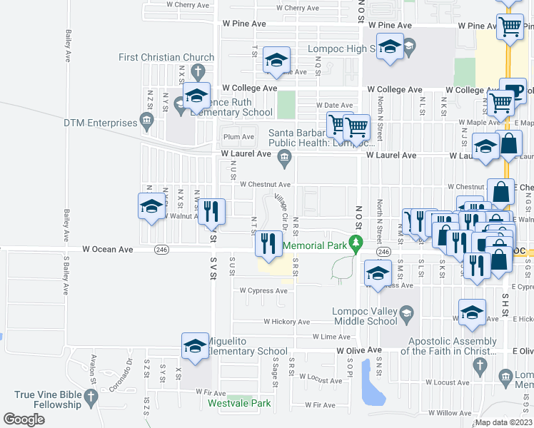 map of restaurants, bars, coffee shops, grocery stores, and more near 119 Village Circle Drive in Lompoc