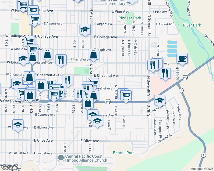map of restaurants, bars, coffee shops, grocery stores, and more near 209 Quail in Lompoc