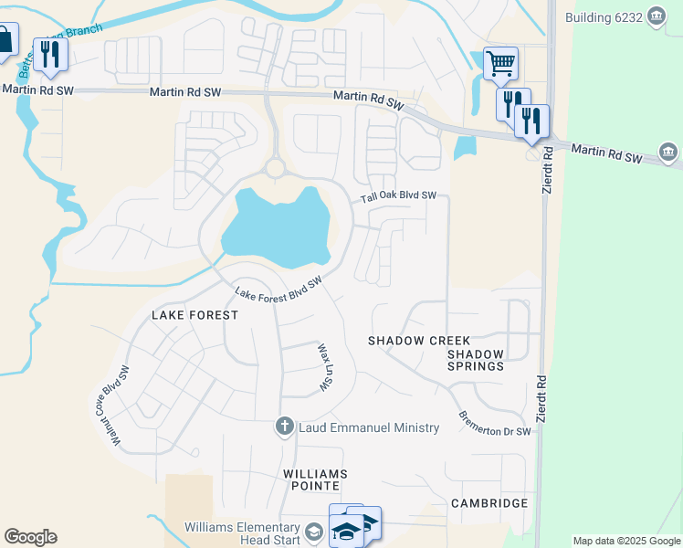 map of restaurants, bars, coffee shops, grocery stores, and more near 56 Lake Forest Boulevard Southwest in Huntsville