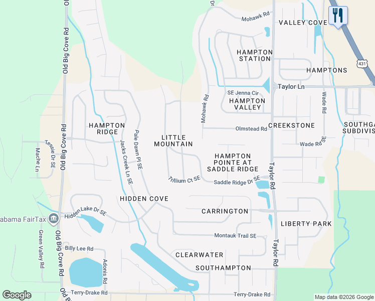 map of restaurants, bars, coffee shops, grocery stores, and more near 4701 Saddle Ridge Drive Southeast in Owens Cross Roads