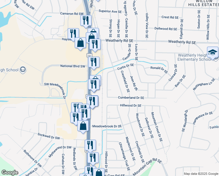 map of restaurants, bars, coffee shops, grocery stores, and more near 200 Curtis Circle Southeast in Huntsville