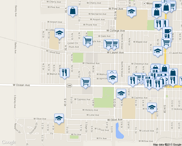 map of restaurants, bars, coffee shops, grocery stores, and more near 175 Village Circle Drive in Lompoc