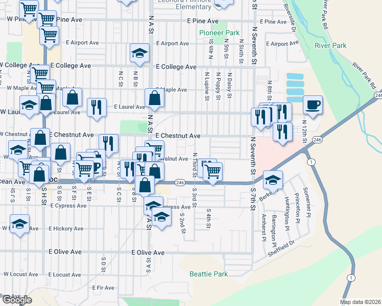 map of restaurants, bars, coffee shops, grocery stores, and more near 205 North Third Street in Lompoc