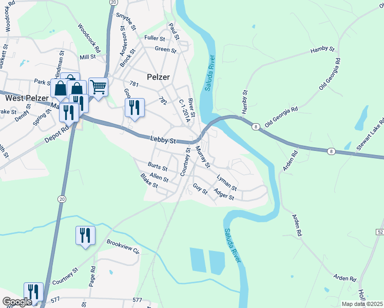 map of restaurants, bars, coffee shops, grocery stores, and more near 1 Courtney Street in Pelzer