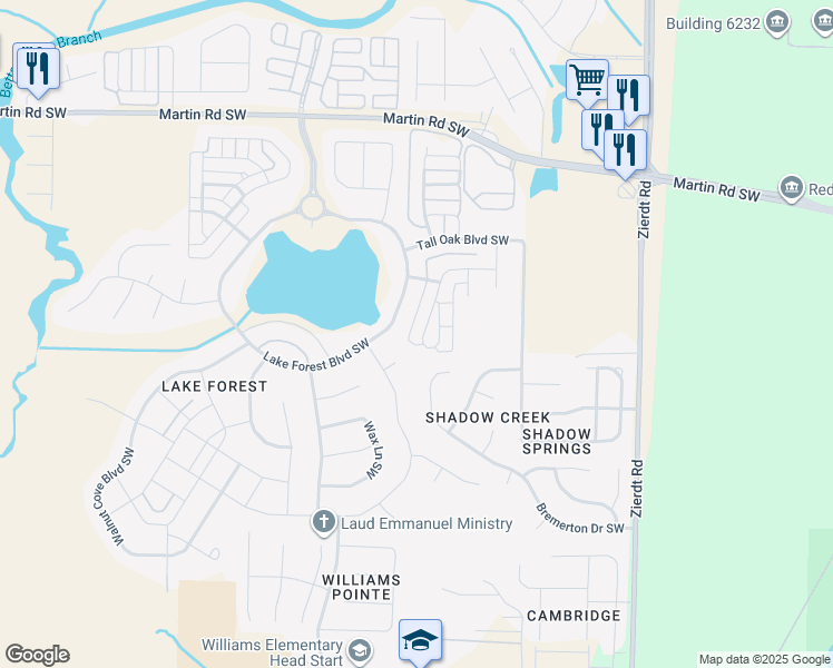 map of restaurants, bars, coffee shops, grocery stores, and more near 56 Lake Forest Boulevard Southwest in Huntsville
