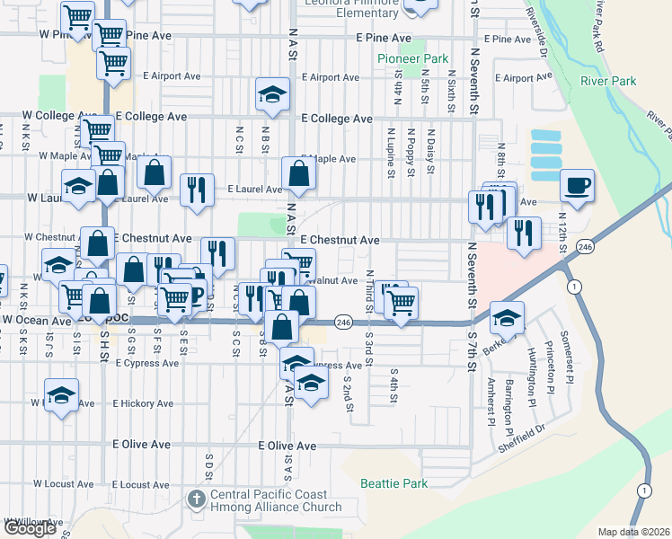 map of restaurants, bars, coffee shops, grocery stores, and more near 209 Quail in Lompoc