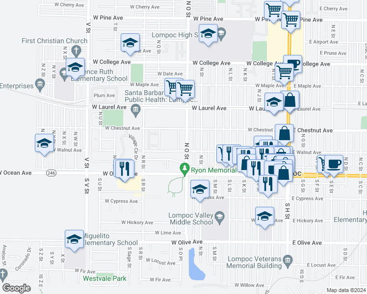 map of restaurants, bars, coffee shops, grocery stores, and more near 200 North O Street in Lompoc