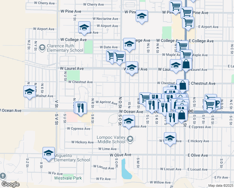 map of restaurants, bars, coffee shops, grocery stores, and more near 200 North O Street in Lompoc
