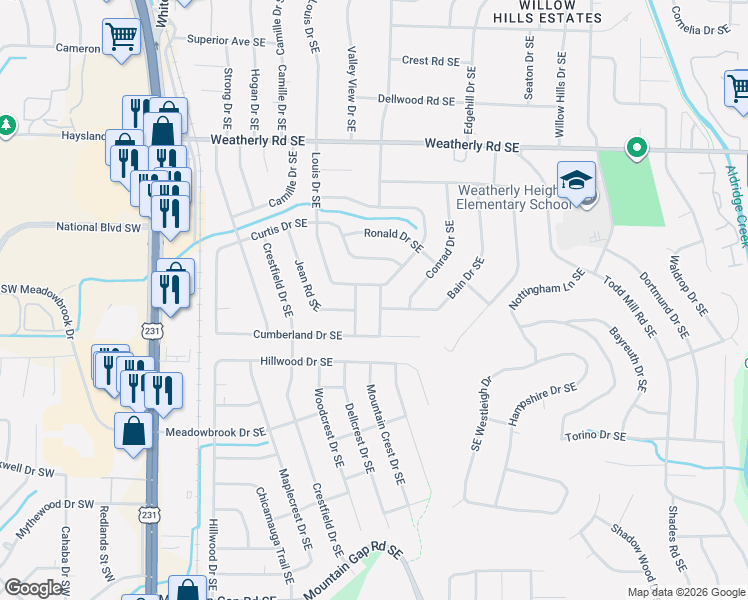 map of restaurants, bars, coffee shops, grocery stores, and more near 11022 Mcbride Drive Southeast in Huntsville